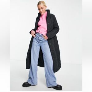 ASOS Black Quilted Long Coat 8 EUC